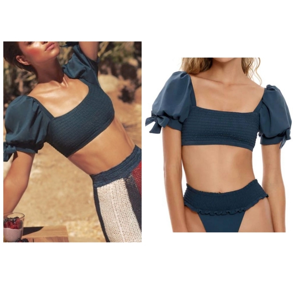 Agua Bendita Eileen Teal Boho Crop Puff Sleeve Bikini Top S NWT Resortwear